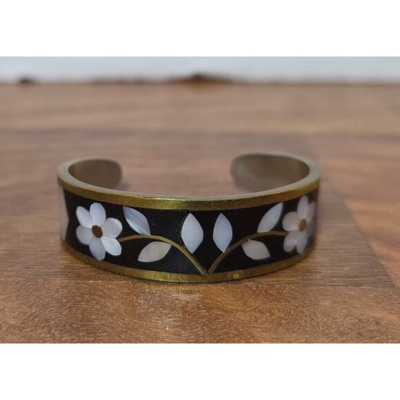 Vtg. German Nickel Silver Onyx Mother of Pearl Cuff Bracelet Alpaca Mexico - Picture 1 of 6